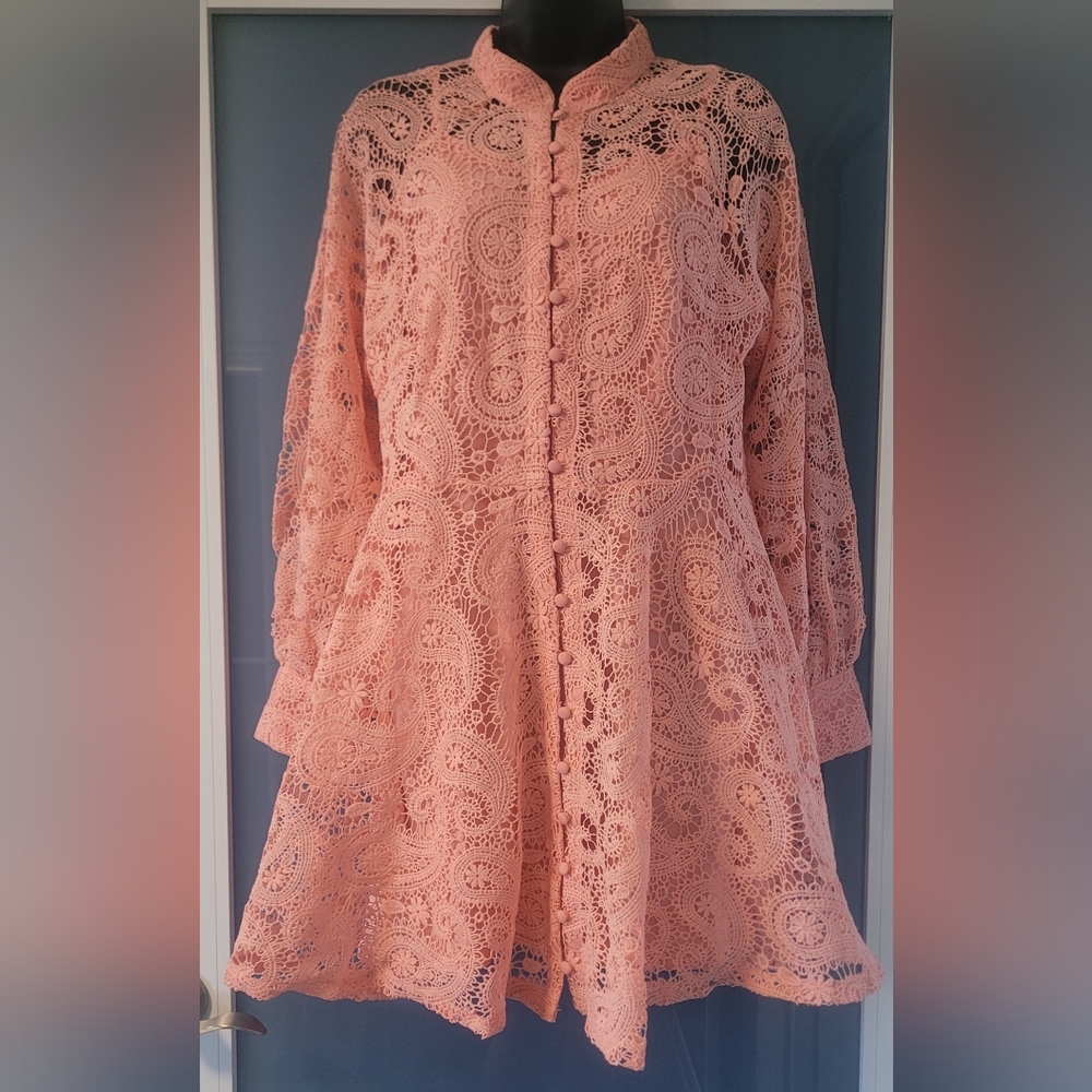 DRESS Peach Crochet Lace Button-Front Tunic SIZE L - Picture 6 of 17